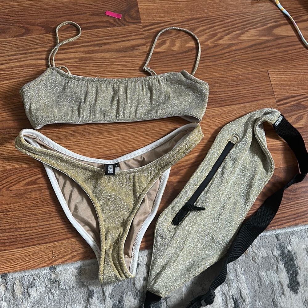 WOMENS GOLD SHIMMER TRIANGLE BIKINI SET WITH BAG